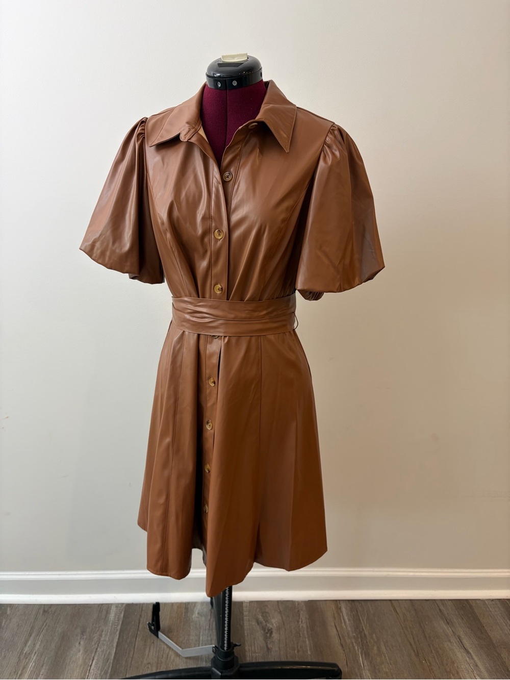 Maison Tara Cognac Brown Faux Leather Button-Front Dress with Waist Tie
